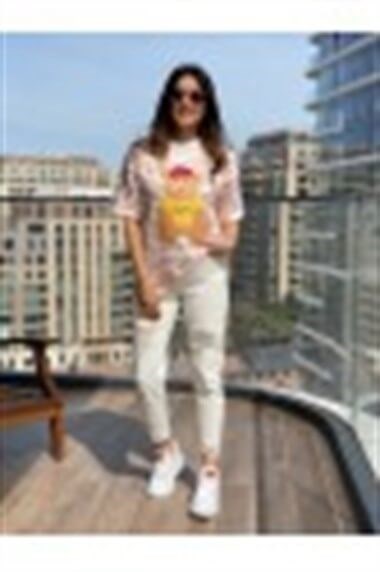 Bej Poema Yırtık Detay Mom Jean