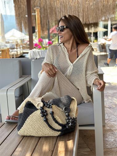 Bej Polo Yaka Düğmeli Simli Kadın Alt Üst Takım