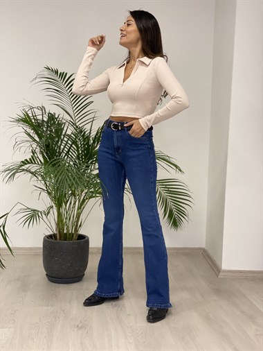 Bej Polo Yaka Fermuarlı Crop Kadın Bluz