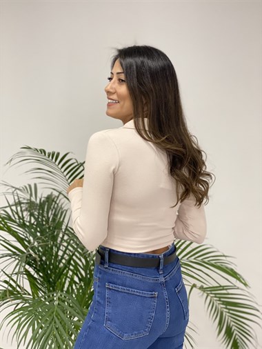 Bej Polo Yaka Fermuarlı Crop Kadın Bluz
