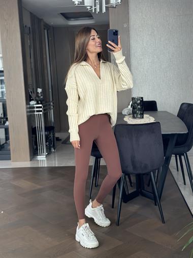 Bej Polo Yaka Fitilli Salaş Kadın Kazak