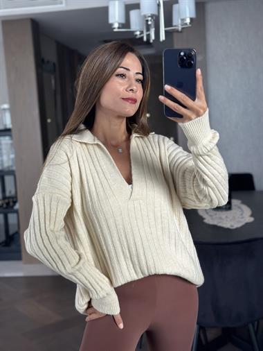 Bej Polo Yaka Fitilli Salaş Kadın Kazak