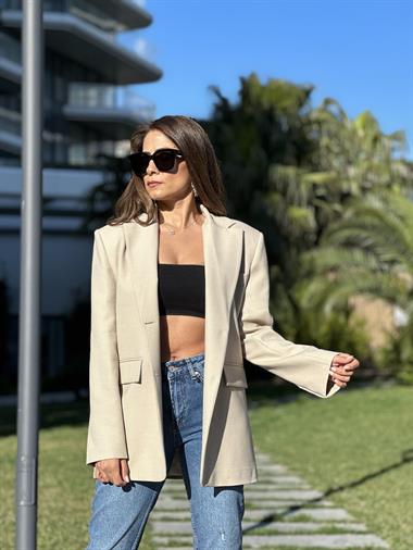 Bej Premium Arkası Düğme Detay Oversize Kadın Ceket