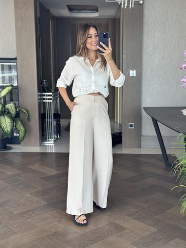 Bej Premium Çift Kancalı Kadın Palazzo Pantolon
