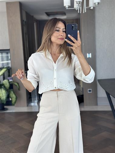 Bej Premium Çift Kancalı Kadın Palazzo Pantolon