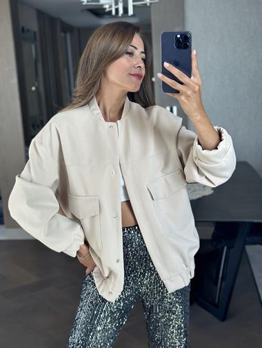 Bej Scuba Krep Uzun Bomber Kadın Ceket