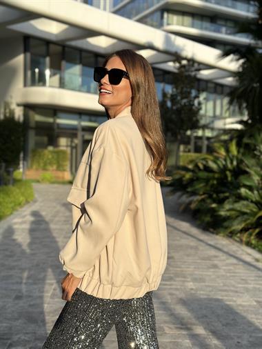 Bej Scuba Krep Uzun Bomber Kadın Ceket