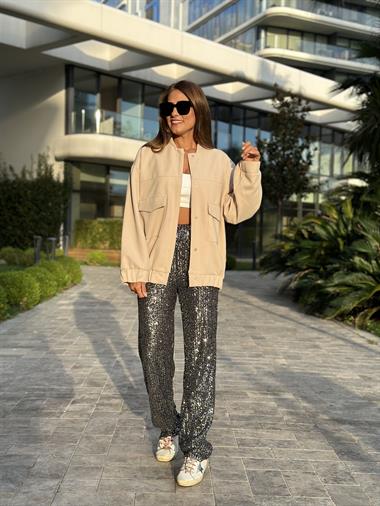 Bej Scuba Krep Uzun Bomber Kadın Ceket