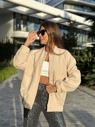 Bej Scuba Krep Uzun Bomber Kadın Ceket