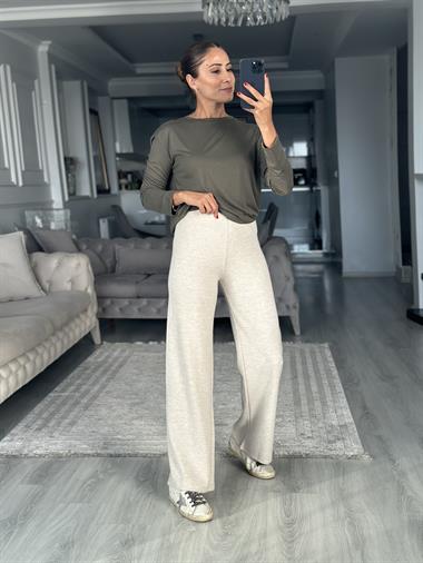 Bej Selanik Yumoş Dokulu Beli Lastikli Kadın Pantolon