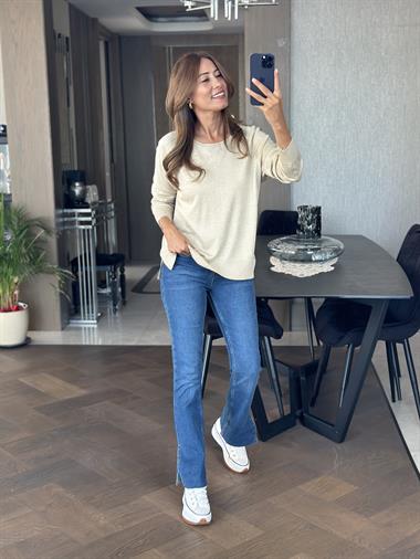 Bej Simli Bisiklet Yaka Uzun Kol Dilvn Merserize Kadın Bluz