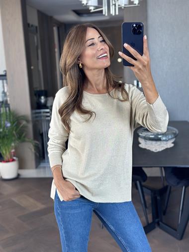 Bej Simli Bisiklet Yaka Uzun Kol Dilvn Merserize Kadın Bluz