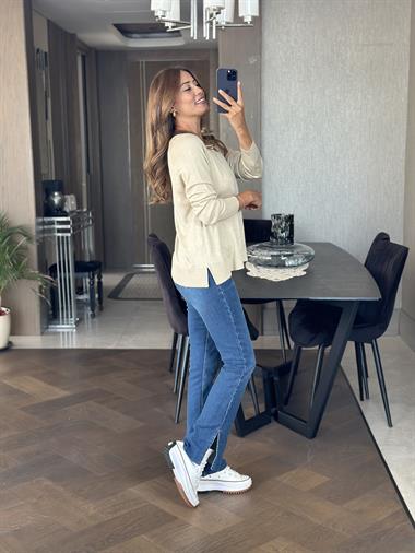 Bej Simli Bisiklet Yaka Uzun Kol Dilvn Merserize Kadın Bluz