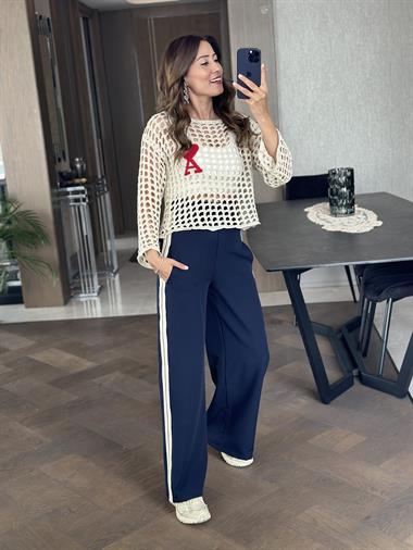 Bej Simli Kalp Detay File Triko Kadın Crop Bluz