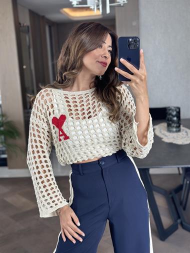 Bej Simli Kalp Detay File Triko Kadın Crop Bluz