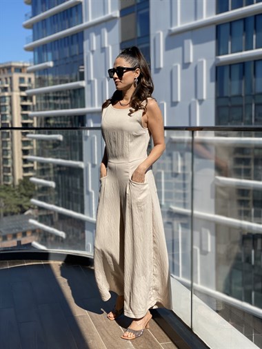 Bej Sırt Fermuarlı Dört Cepli KetenTulum