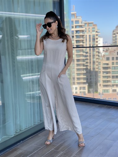 Bej Sırt Fermuarlı Dört Cepli KetenTulum