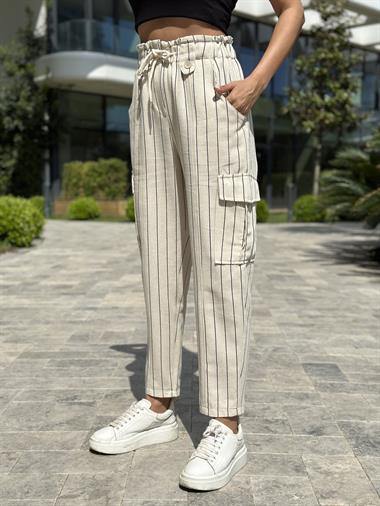 Bej Siyah Çizgili Kargo Cep Keten Kadın Pantolon