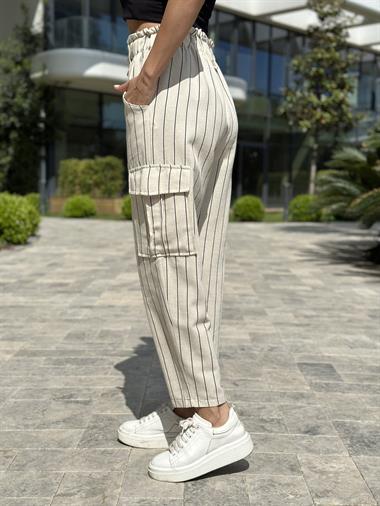 Bej Siyah Çizgili Kargo Cep Keten Kadın Pantolon