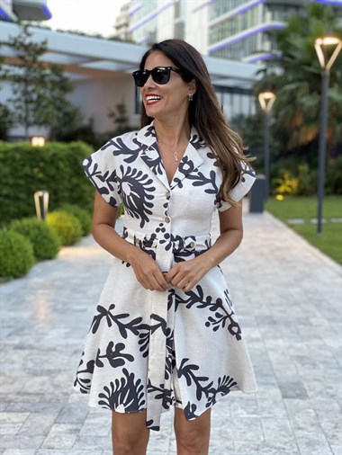 Bej Siyah Desenli Ceket Yaka Keten Kadın Elbise