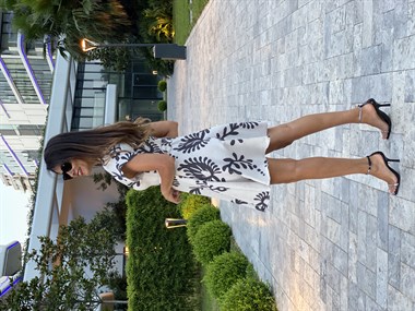 Bej Siyah Desenli Ceket Yaka Keten Kadın Elbise