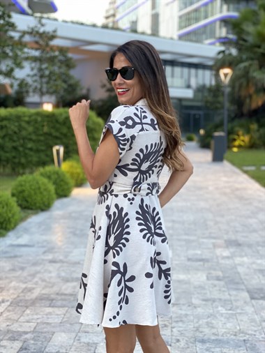 Bej Siyah Desenli Ceket Yaka Keten Kadın Elbise