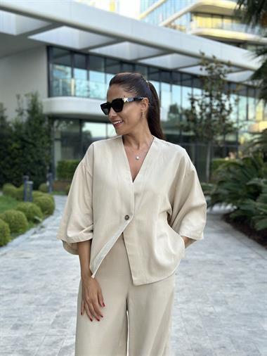 Bej Tek Düğmeli Kimono Pantolon Keten Kadın Alt Üst Takım
