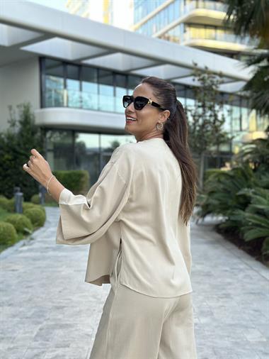 Bej Tek Düğmeli Kimono Pantolon Keten Kadın Alt Üst Takım