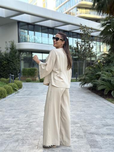 Bej Tek Düğmeli Kimono Pantolon Keten Kadın Alt Üst Takım