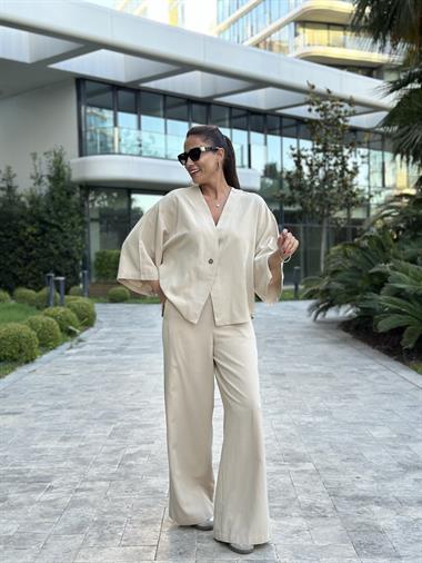 Bej Tek Düğmeli Kimono Pantolon Keten Kadın Alt Üst Takım