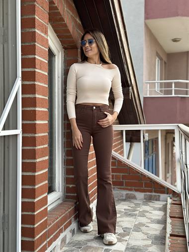 Bej Tek Omuz Biyeli Kaşkorse Kadın Bluz