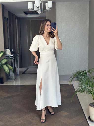 Bej Tek Yırtmaçlı Vatkalı Müslin Kumaş Kadın Maksi Boy Elbise 