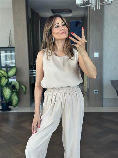 Bej Bisiklet Yaka Sıfır Kol Bluz Pantolon Tnsl Alt Üst Takım