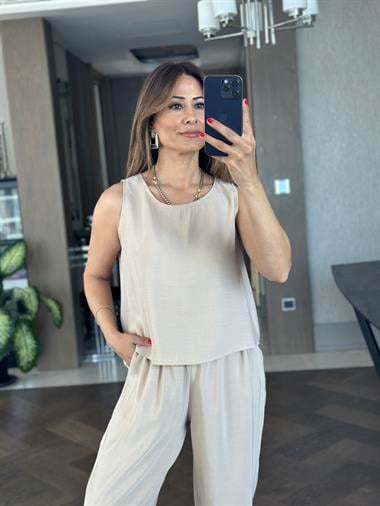 Bej Bisiklet Yaka Sıfır Kol Bluz Pantolon Tnsl Alt Üst Takım