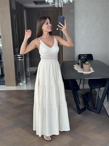 Bej Triko Garnili Keten Askılı Kadın Elbise