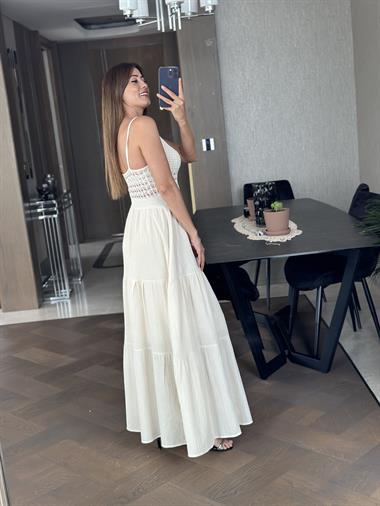 Bej Triko Garnili Keten Askılı Kadın Elbise