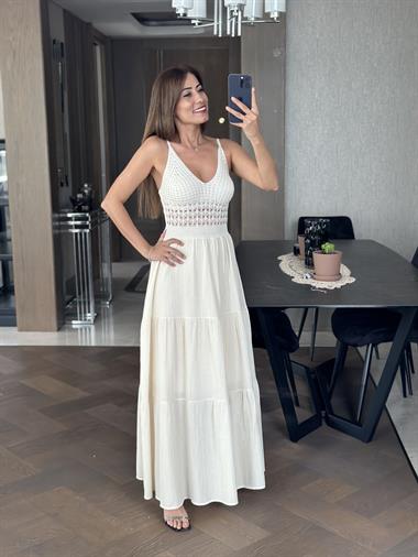 Bej Triko Garnili Keten Askılı Kadın Elbise