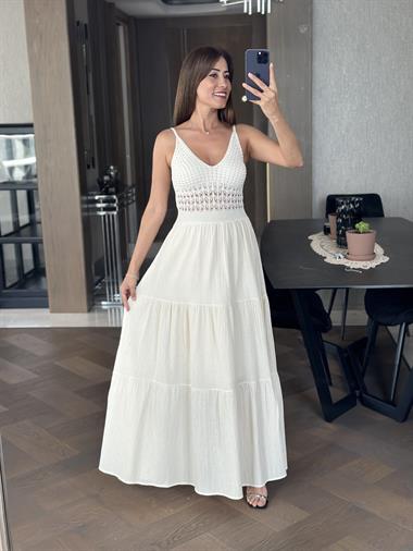 Bej Triko Garnili Keten Askılı Kadın Elbise