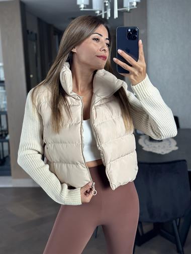 Bej Triko Kollu Beli Ayarlanabilir Lastikli Kadın Şişme Mont