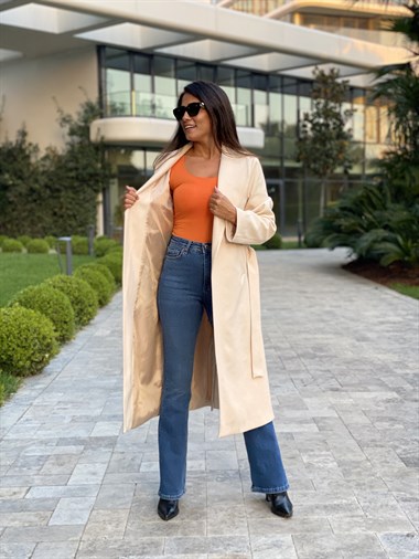 Bej Uzun Kuşaklı Kaşe Kadın Kaban