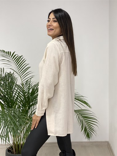 Bej Yanları Çıtçıt Düğmeli Keten Aerobin Kadın Gömlek