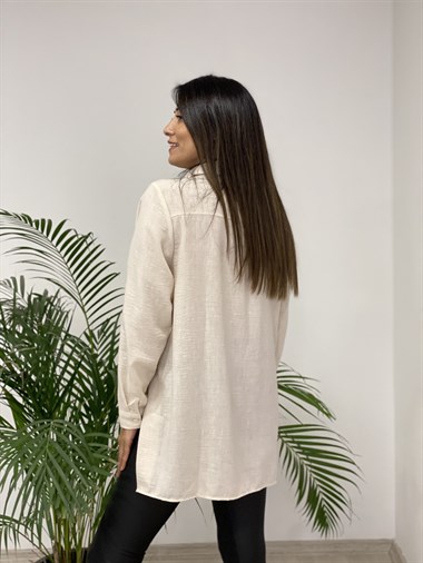 Bej Yanları Çıtçıt Düğmeli Keten Aerobin Kadın Gömlek