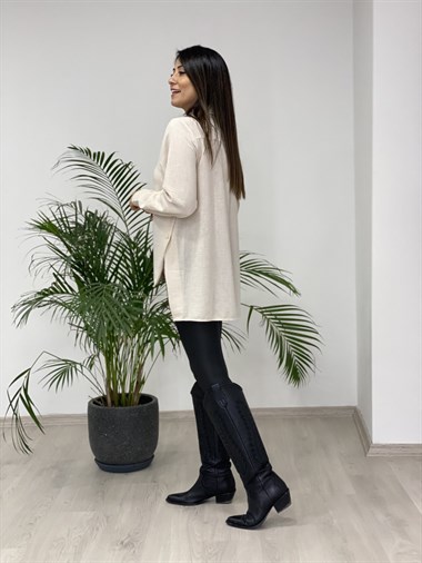 Bej Yanları Çıtçıt Düğmeli Keten Aerobin Kadın Gömlek