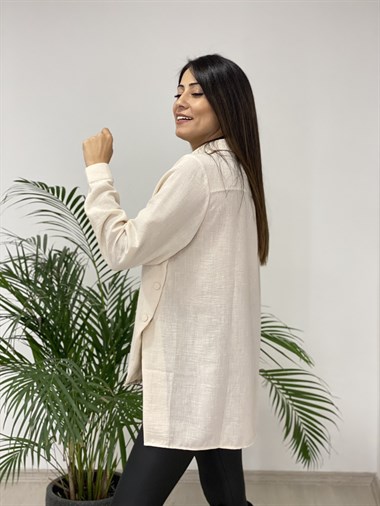 Bej Yanları Çıtçıt Düğmeli Keten Aerobin Kadın Gömlek