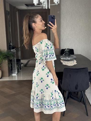 Bej Yeşil Çiçekli Bel Ve Omuz Lastikli Keten Kadın Elbise