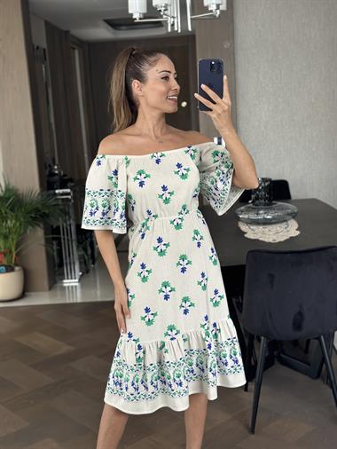 Bej Yeşil Çiçekli Bel Ve Omuz Lastikli Keten Kadın Elbise
