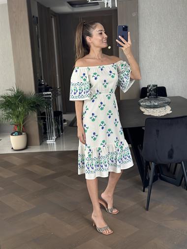 Bej Yeşil Çiçekli Bel Ve Omuz Lastikli Keten Kadın Elbise