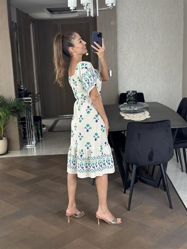 Bej Yeşil Çiçekli Bel Ve Omuz Lastikli Keten Kadın Elbise