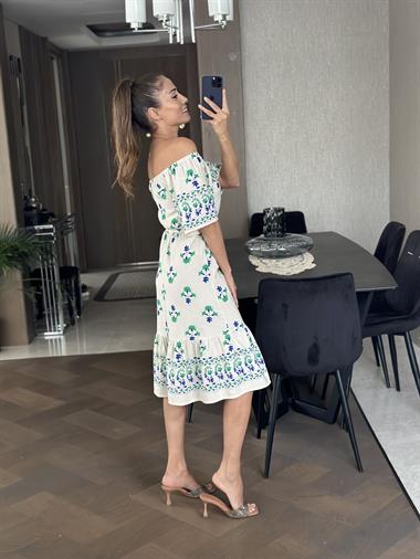 Bej Yeşil Çiçekli Bel Ve Omuz Lastikli Keten Kadın Elbise