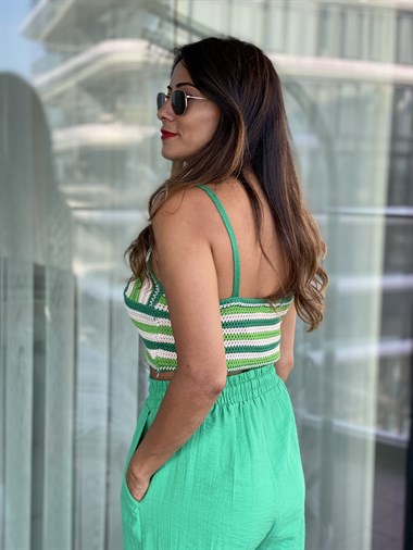 Bej Yeşil Çizgili Triko Kadın Büstiyer